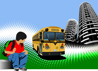 Image showing School boy is waiting for school bus. Back to school. Vector ill