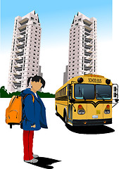 Image showing Dormitory and school bus. School girl. Back to school. Vector il