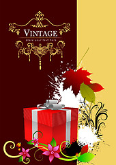 Image showing Cover for brochure with red gift box and autumn red leaf 