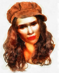 Image showing Young girl with brown hat water color painting