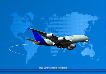 Image showing Blue abstract background with passenger plane and world map imag