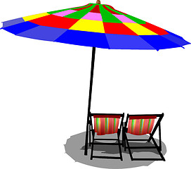 Image showing Two beach chairs and colored umbrella on beach