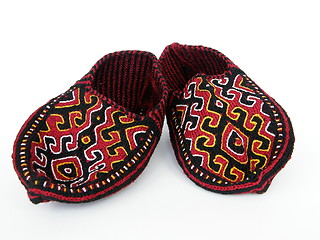 Image showing Turkmen traditional colorful hand-knitted slippers