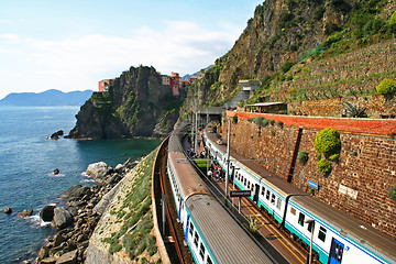 Image showing Italy. Cinque Terre. Train at station Manarola 