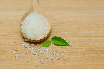 Image showing Spa Salt and Green Leaf on Background - Alternative Herbal Medic