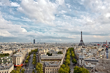 Image showing  Paris arial view with Eiffel Tower and cloudy sky