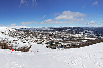 Image showing Panoramic view of ski route in bright winter day