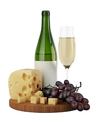 Image showing Bottle and glass of white wine with cheese