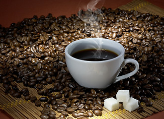 Image showing Coffee cup with sugar on roasted beans