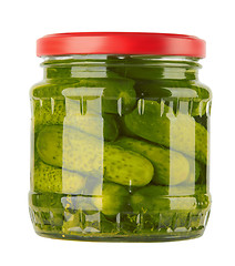 Image showing Glass jar with pickled cucumbers