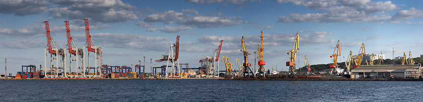 Image showing Panorama view on the port with loading cargo ship 