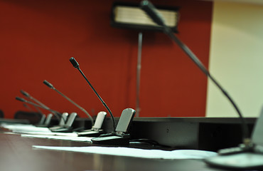 Image showing Conference table, microphones close-up