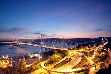 Image showing Beautiful night scenes of Tsing Ma Bridge in Hong Kong. 