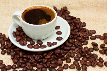 Image showing Coffee Cup and  Brown Beans - Background