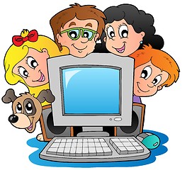 Image showing Computer with cartoon kids and dog