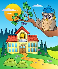 Image showing Owl teacher with school building