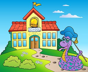 Image showing Snake teacher with school building