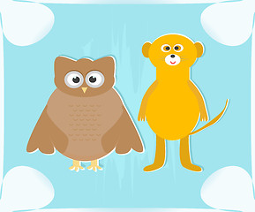 Image showing cute owl and lemur on blue background