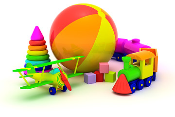 Image showing Plane, train, pyramid and ball