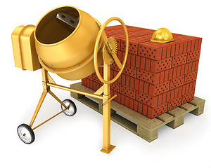 Image showing Clean new yellow concrete mixer with helmet and stack of bricks