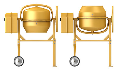 Image showing Clean new yellow concrete mixer with raised and lowered drum