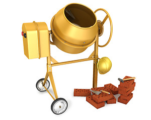 Image showing Clean new yellow concrete mixer with helmet, trowel and few bric