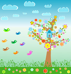 Image showing summer landscape with birds flower and tree. Meadow Background
