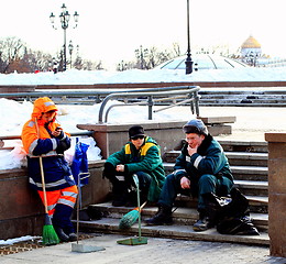 Image showing  three workers cleaning the streets