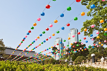 Image showing Colorful lanterns hanging near buddhist temple