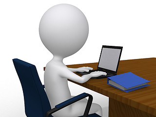 Image showing 3D business man on his desk with laptop - isolated over a white 