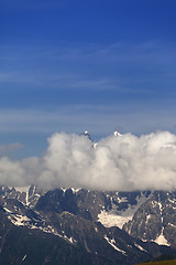 Image showing High mountains in clouds, Caucasus Mountains, Georgia.