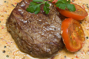 Image showing Gourmet meat - steak with garnish