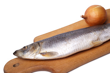 Image showing Herring and onion on kitchen board