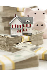 Image showing Small House and Piggy Bank with Stacks Money