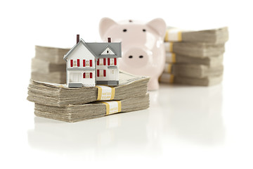 Image showing Small House and Piggy Bank with Stacks Money