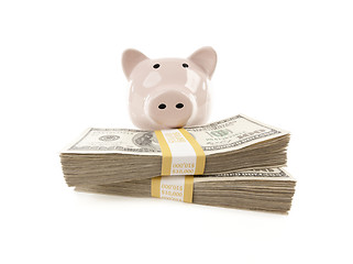 Image showing Pink Piggy Bank with Stacks of Money