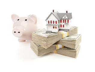 Image showing Small House and Piggy Bank with Stacks Money