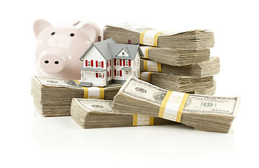 Image showing Small House and Piggy Bank with Stacks Money