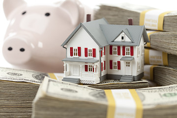 Image showing Small House and Piggy Bank with Stacks Money