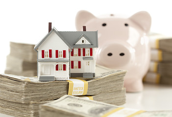 Image showing Small House and Piggy Bank with Stacks Money