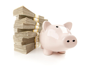 Image showing Pink Piggy Bank with Stacks of Money