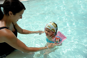 Image showing Woman and child in pool