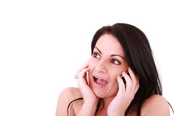 Image showing Happy businesswoman with cellphone, isolated on white 