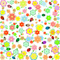 Image showing spring background with small flowers and ladybugs