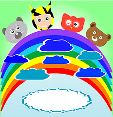 Image showing cute kid and animals viewing rainbow