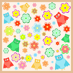 Image showing funny cartoon owl with flowers background