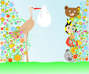 Image showing cartoon animals and baby viewing stork with bag