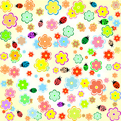 Image showing Flowers and ladybugs seamless yellow background