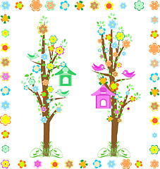 Image showing spring tree with birds with birdhouse and flower