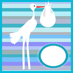 Image showing Stork delivering a baby on striped blue background